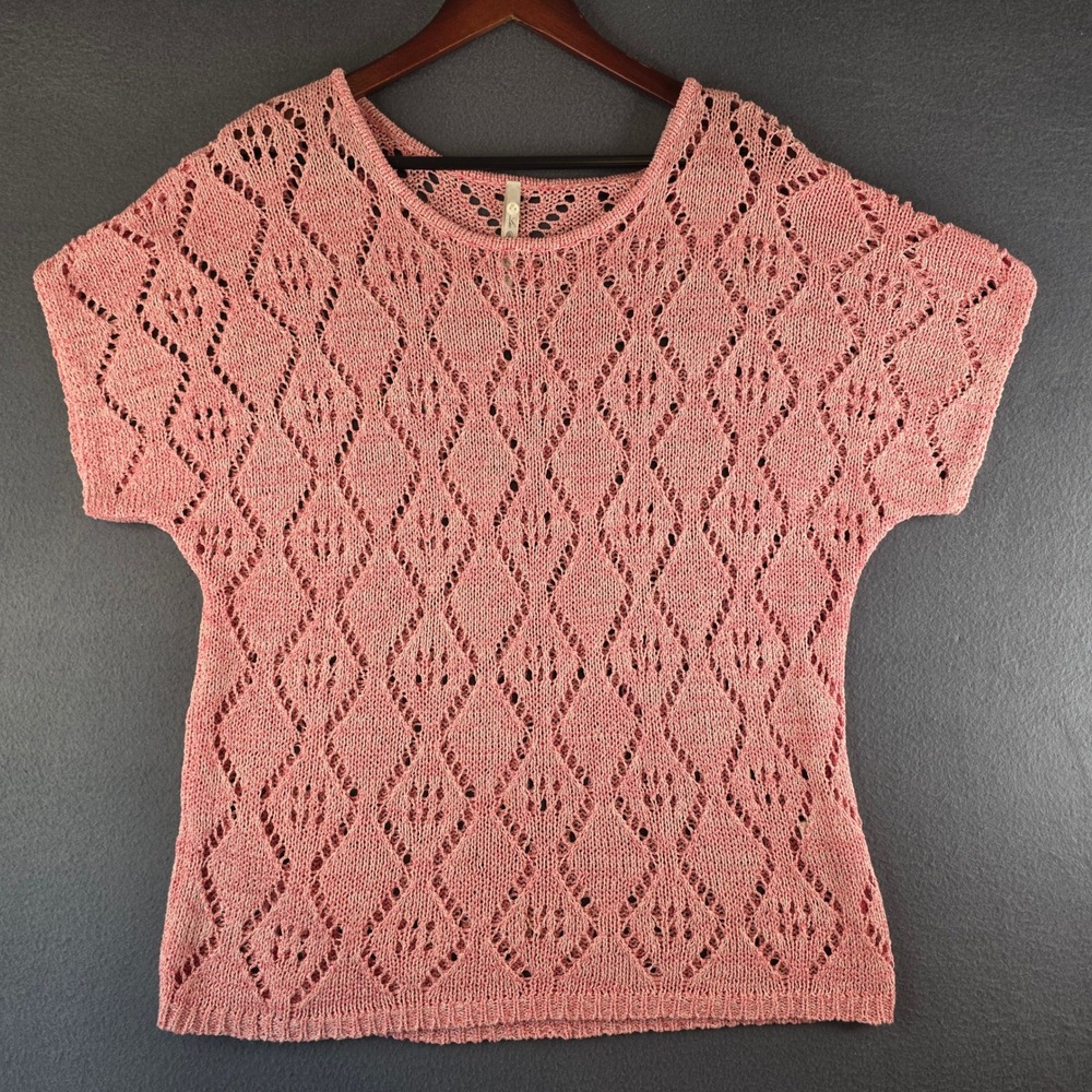 Leo & Nicole Knit Sweater Womens XL Pink Pointelle Short Sleeve Diamond Pattern‎